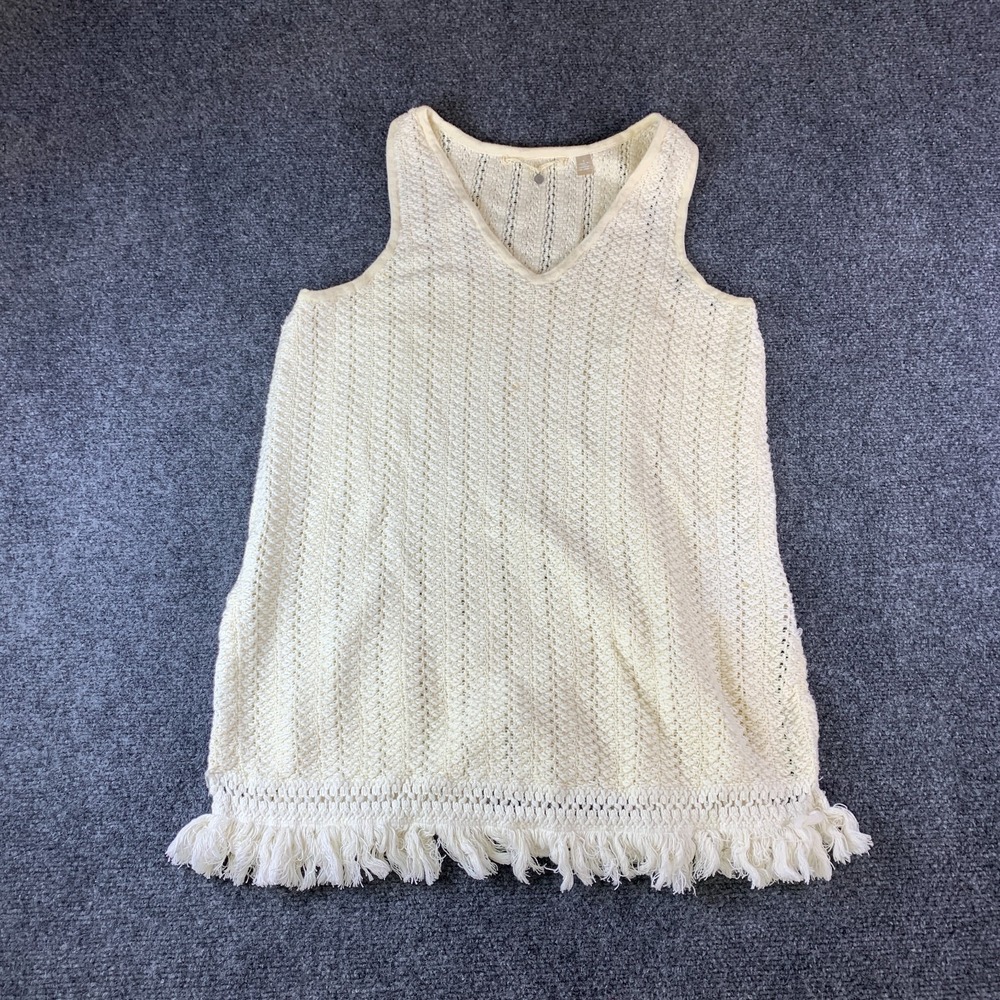 Knitted & Knotted Tunic Sweater Women Small Beige Knit Fringed Vented Hem V-Neck
